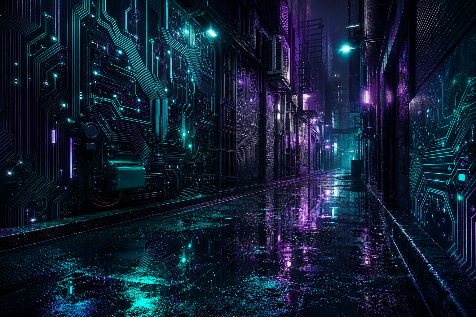 Rainy Neon Alley With Reflections Pcb-Design Wallpaper  4 4K