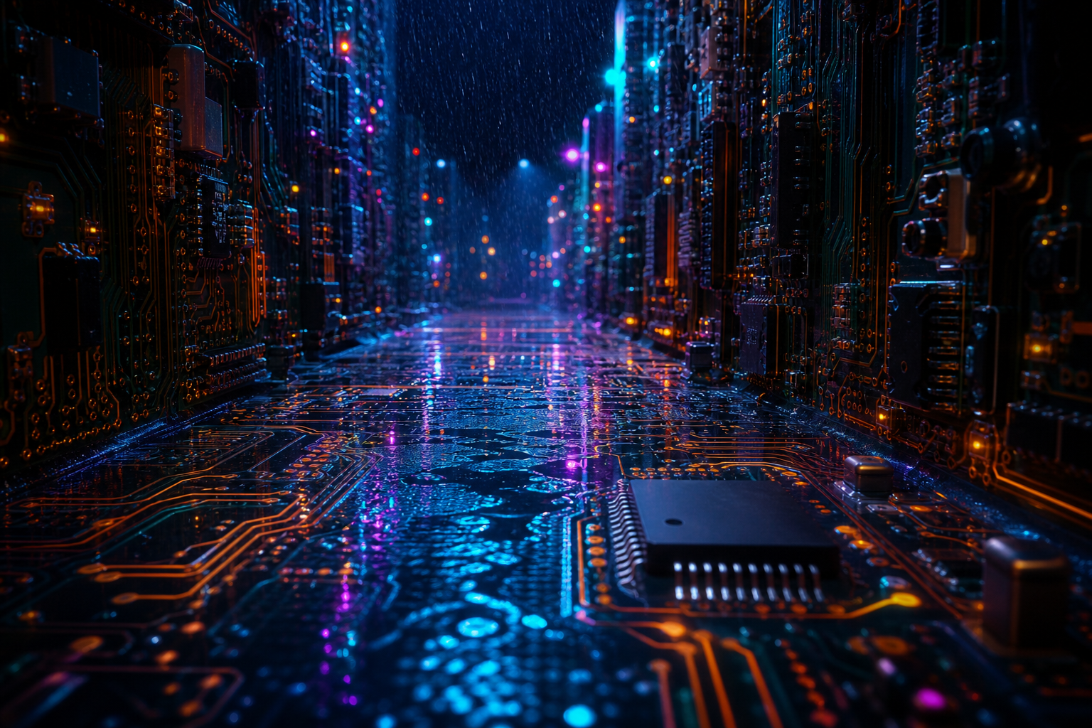 Rainy Neon Alley With Reflections Pcb-Design Wallpaper  4 4K