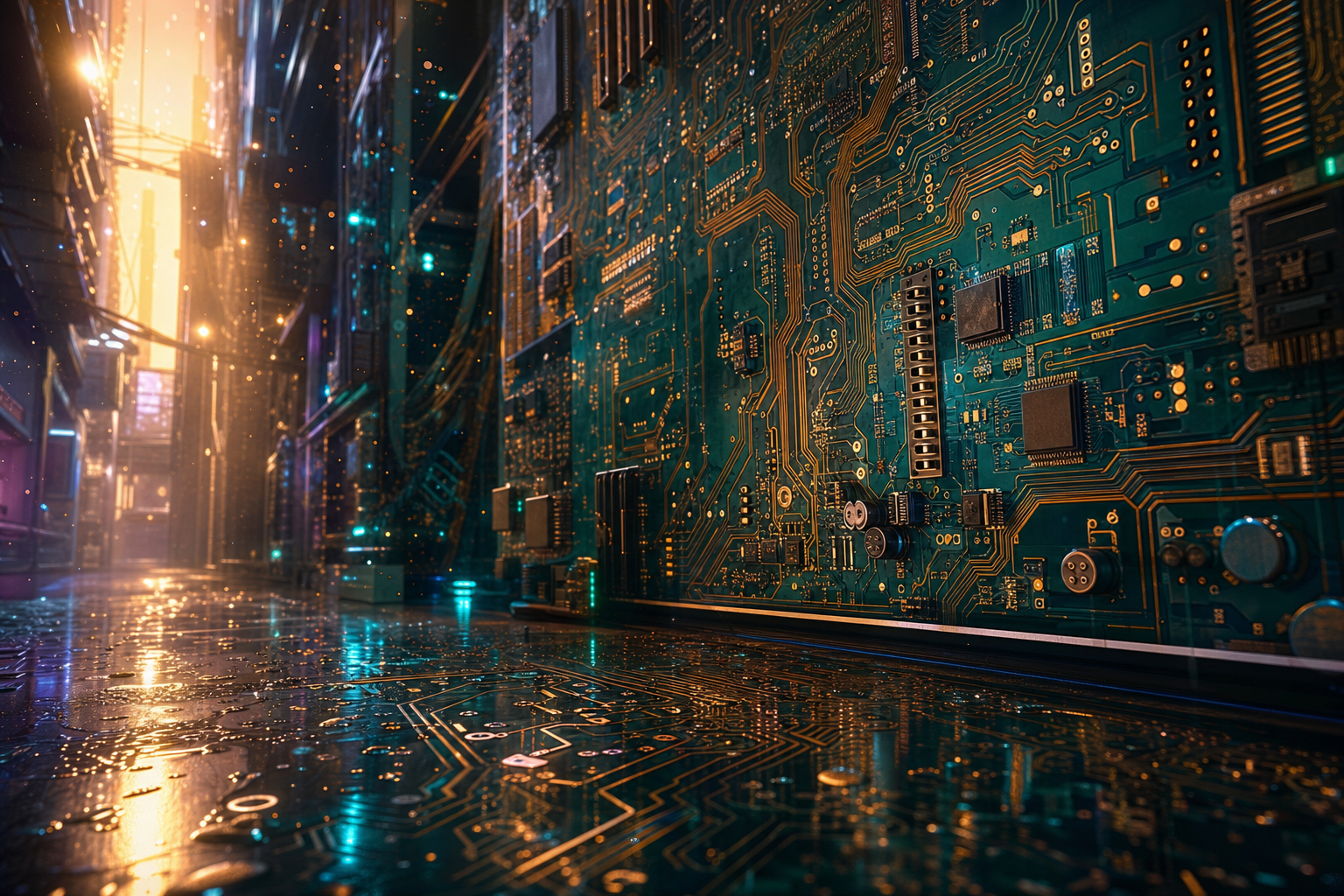 Rainy Neon Alley With Reflections Pcb-Design Wallpaper  4 4K