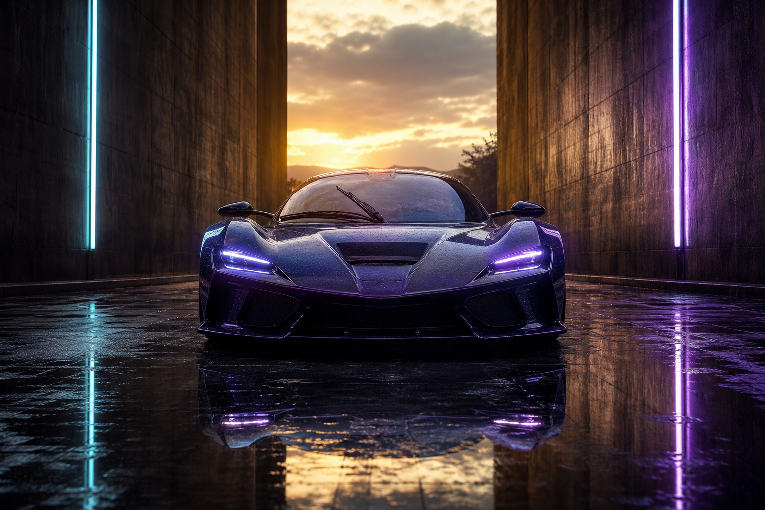 Rainy Neon Alley With Reflections Supercars Wallpaper  4 4K