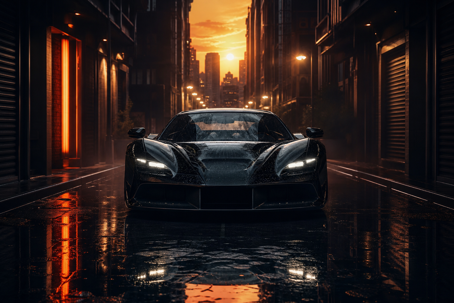 Rainy Neon Alley With Reflections Supercars Wallpaper  4 4K