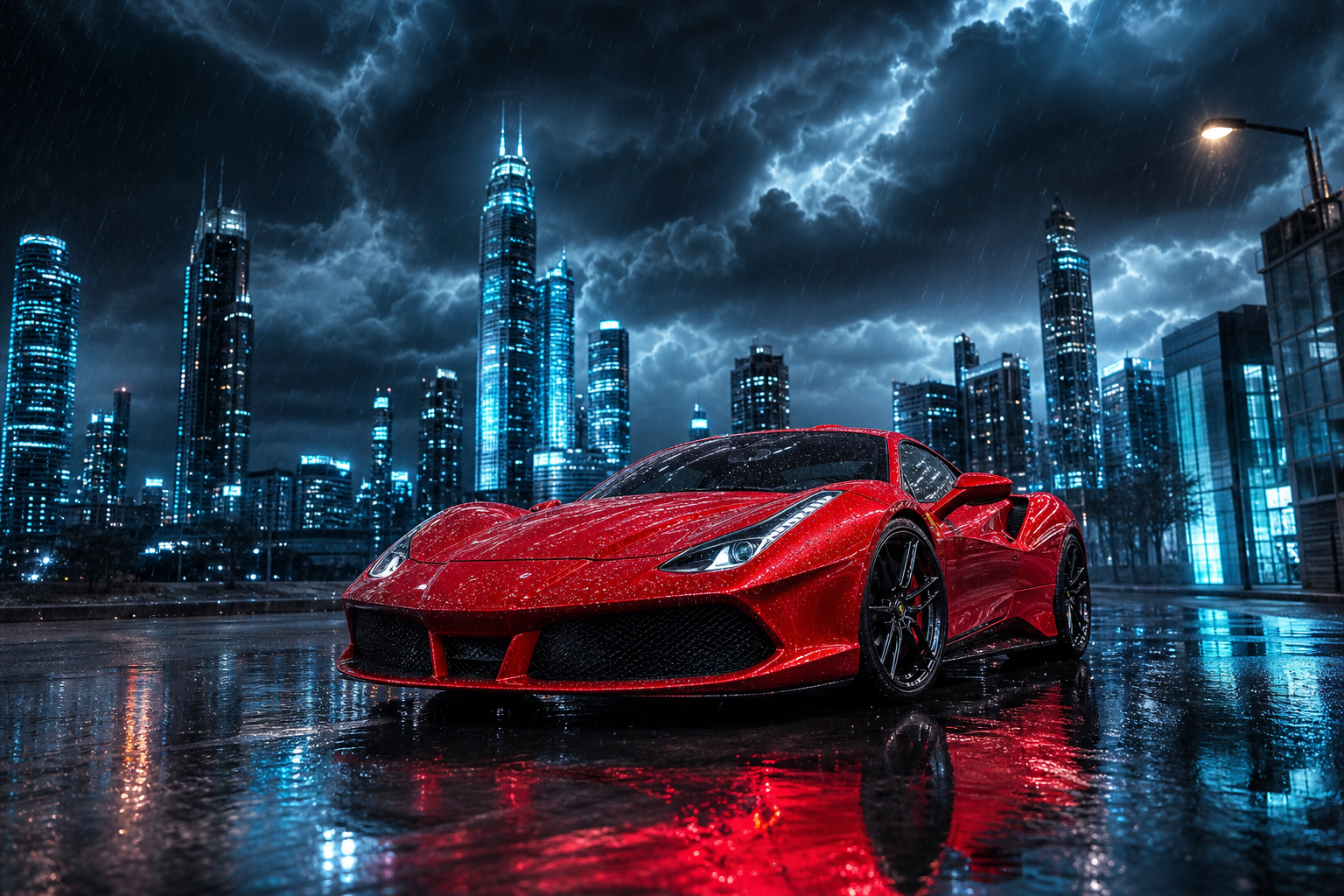 Red Ferrari In Rainy City Cars Wallpaper  2 4K