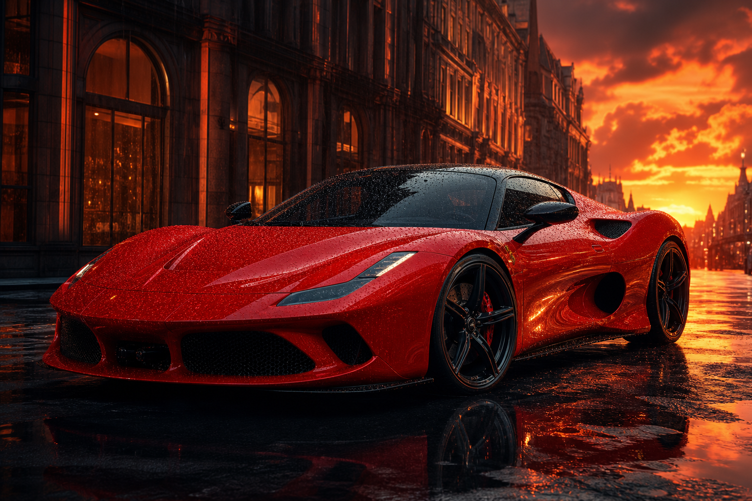 Red Ferrari In Rainy City Cars Wallpaper  2 4K