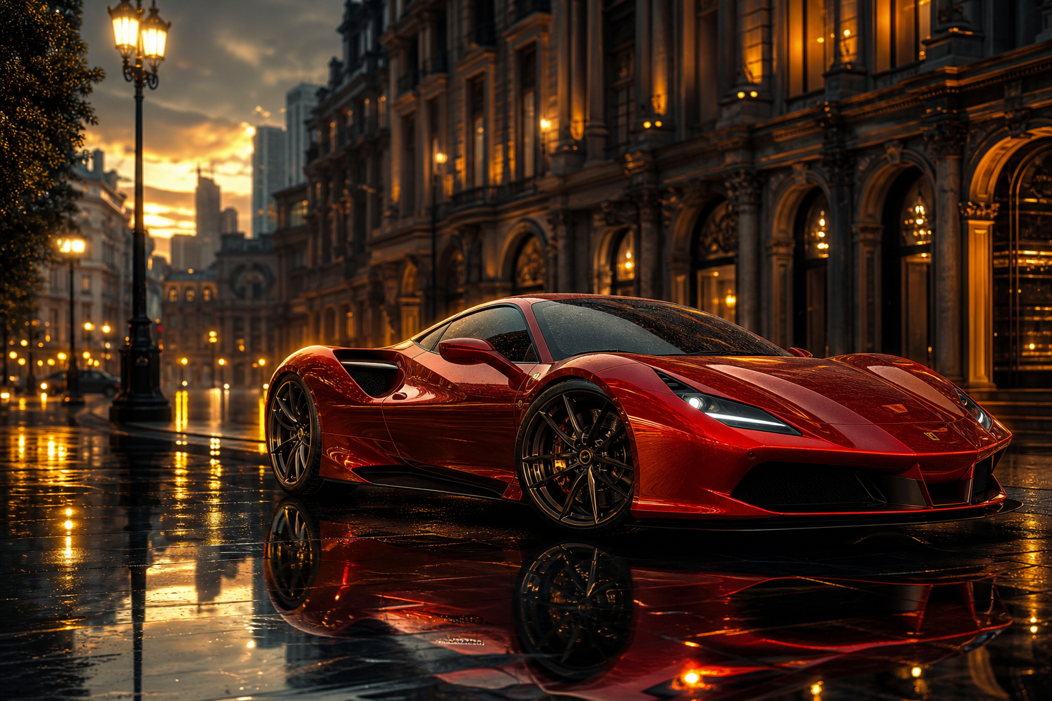 Red Ferrari In Rainy City Cars Wallpaper  2 4K