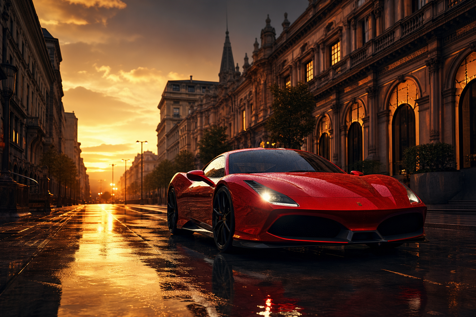 Red Ferrari In Rainy City Cars Wallpaper  2 4K