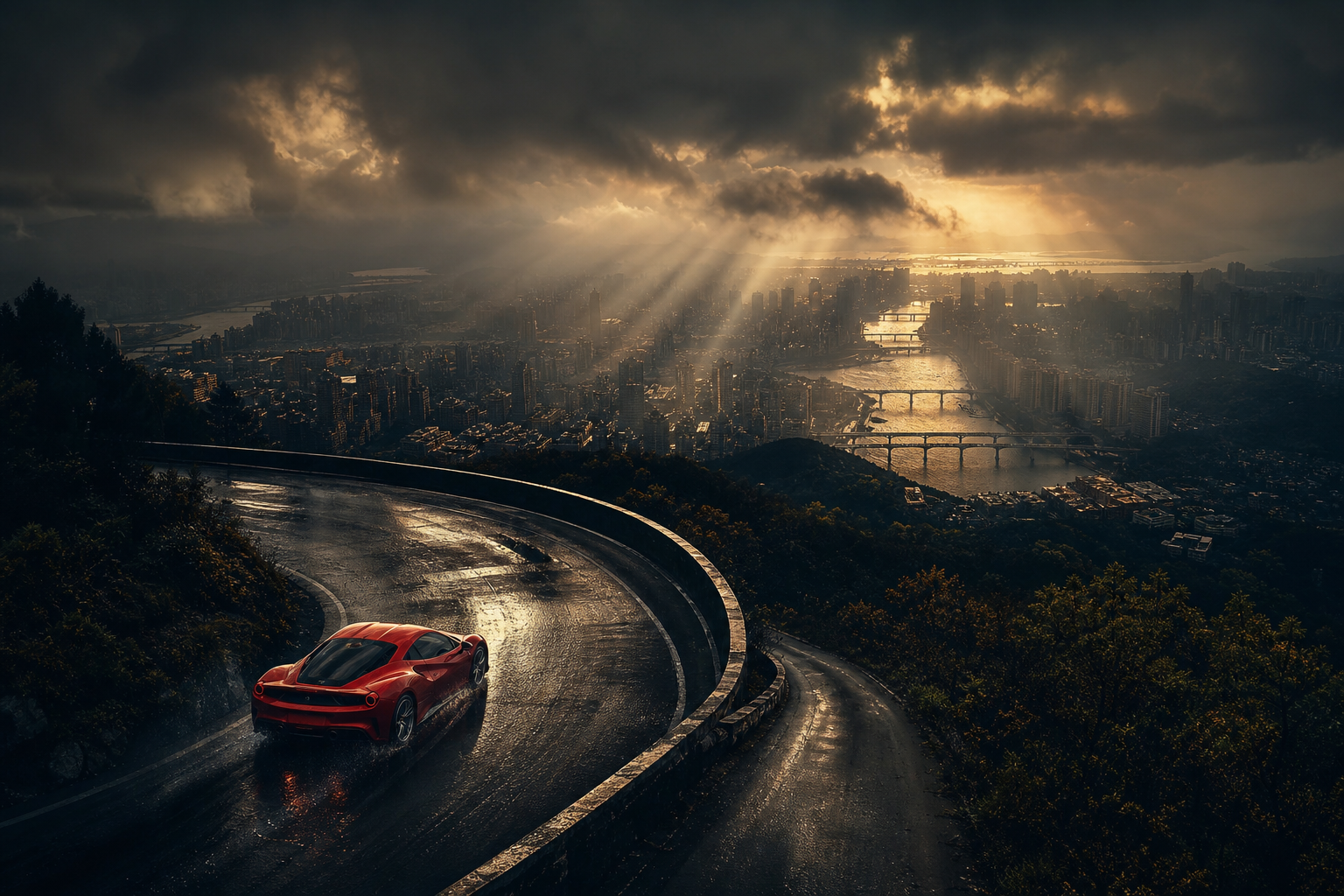 Red Ferrari In Rainy City Cars Wallpaper  2 4K