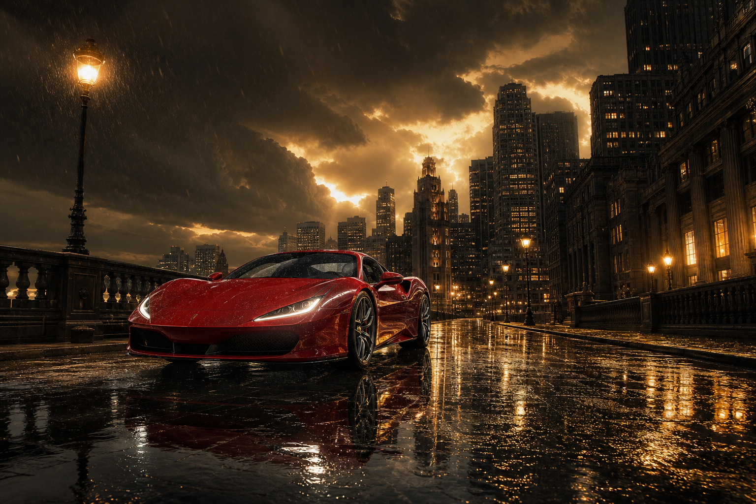 Red Ferrari In Rainy City Cars Wallpaper  2 4K