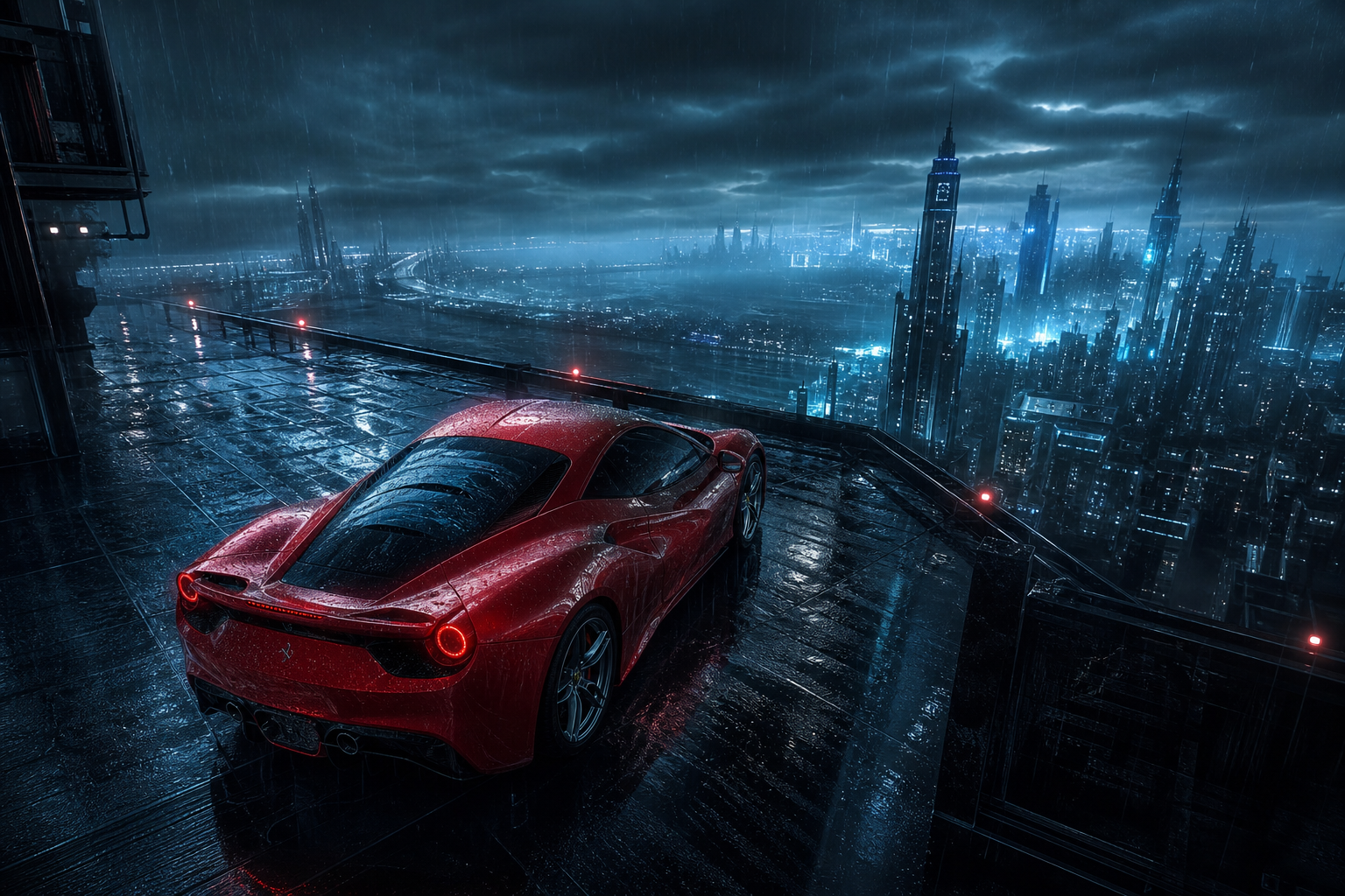 Red Ferrari In Rainy City Cars Wallpaper  2 4K