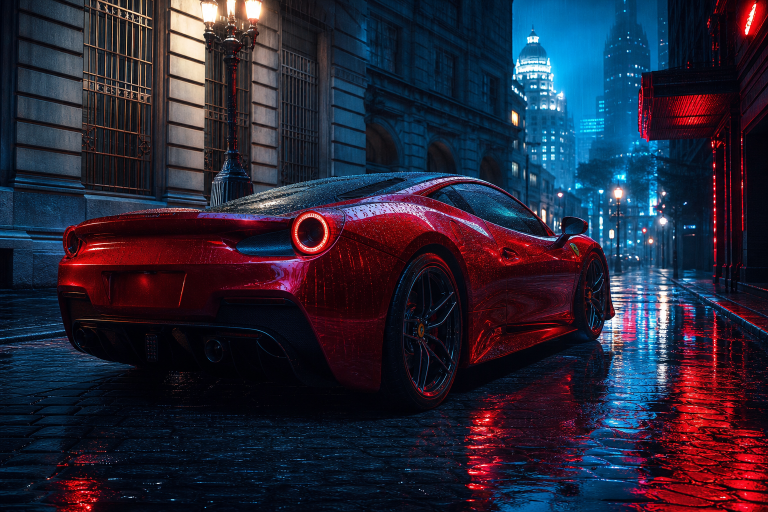 Red Ferrari In Rainy City Cars Wallpaper  2 4K