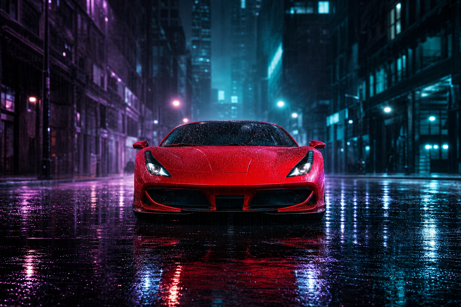 Red Ferrari In Rainy City Cars Wallpaper  2 4K
