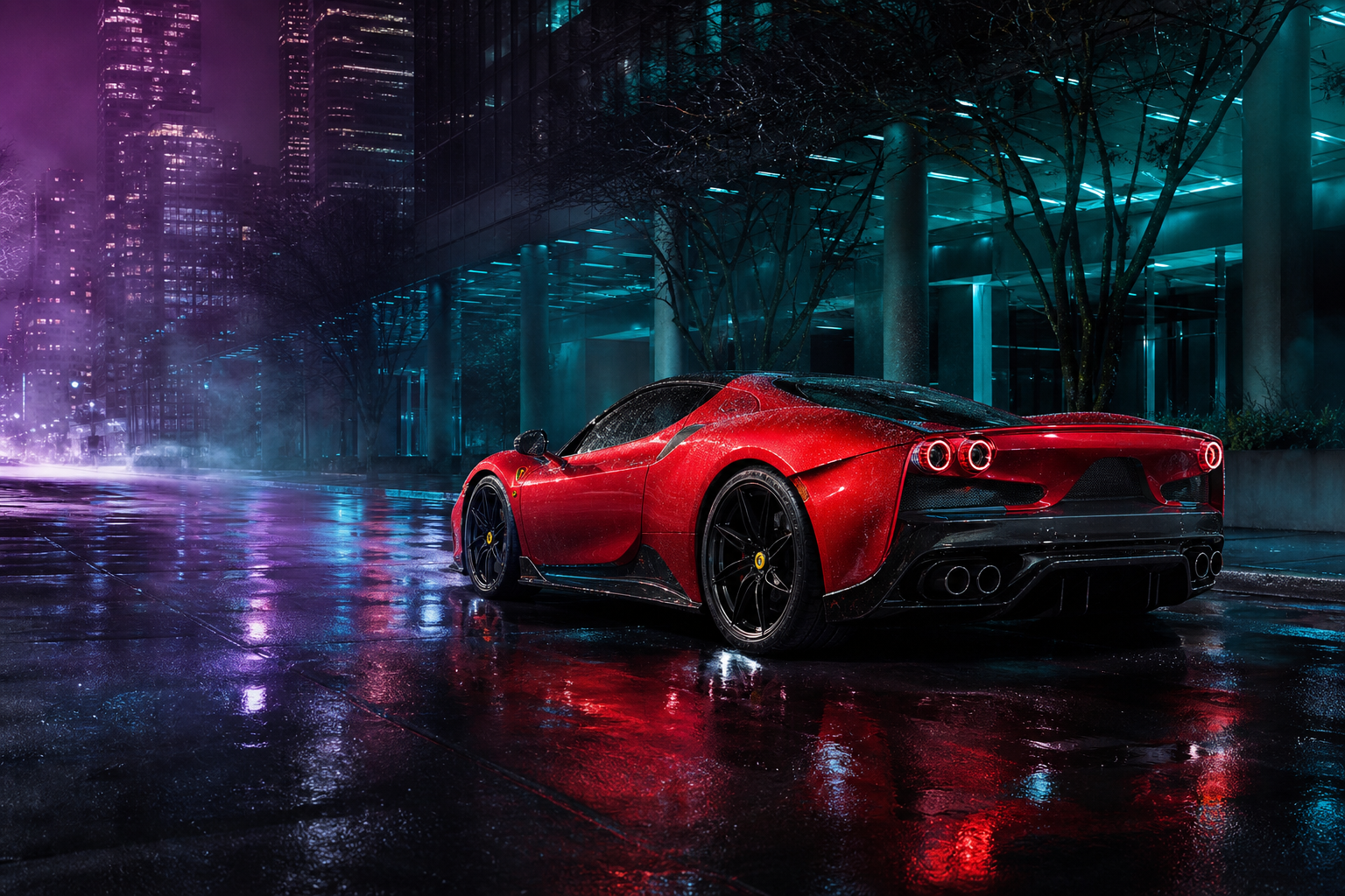Red Ferrari In Rainy City Cars Wallpaper  2 4K
