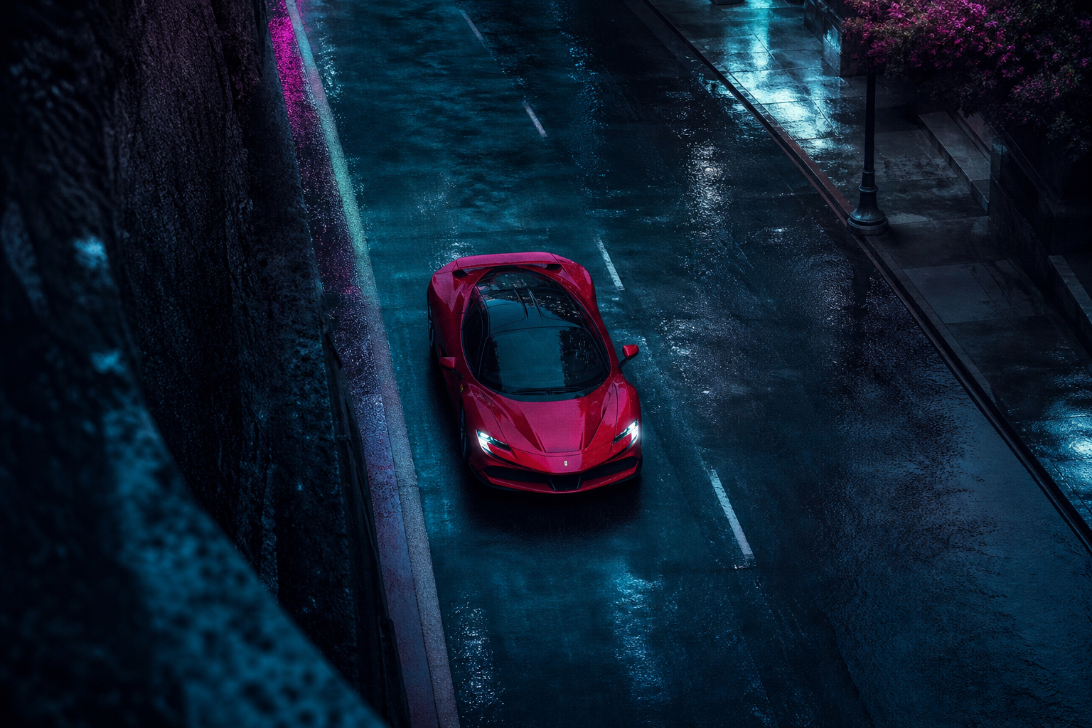 Red Ferrari In Rainy City Cars Wallpaper  2 4K