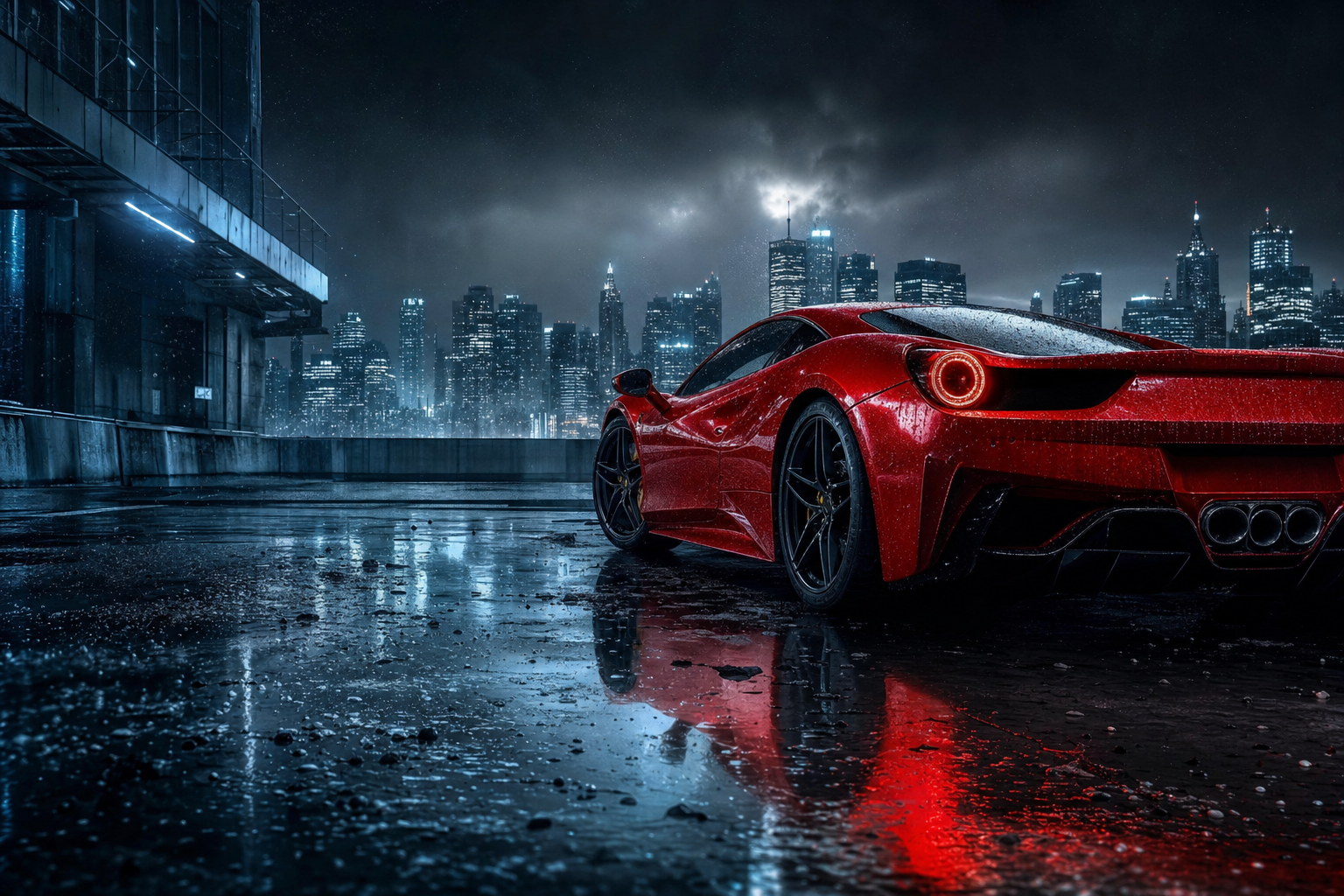 Red Ferrari In Rainy City Cars Wallpaper  2 4K