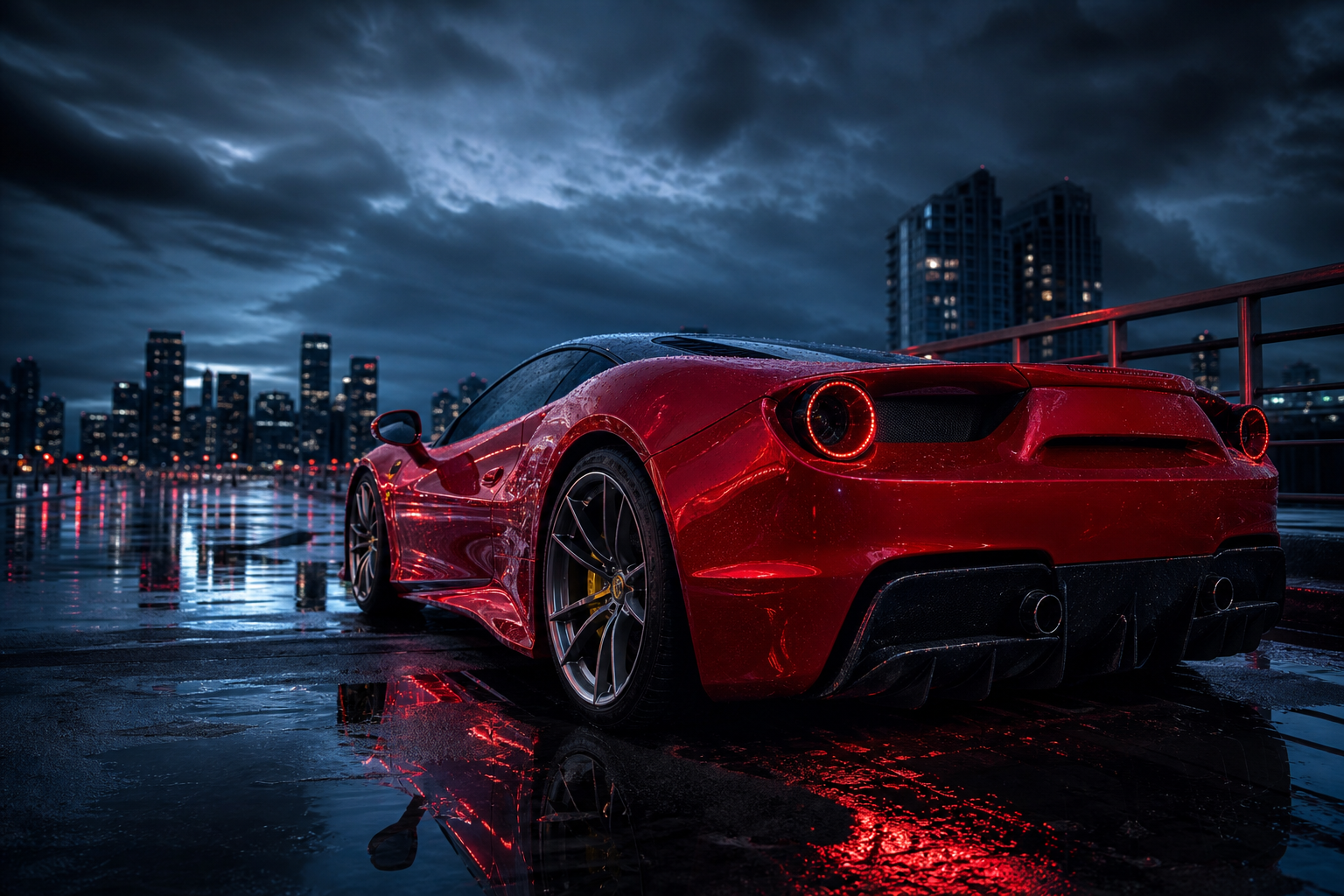 Red Ferrari In Rainy City Cars Wallpaper  2 4K