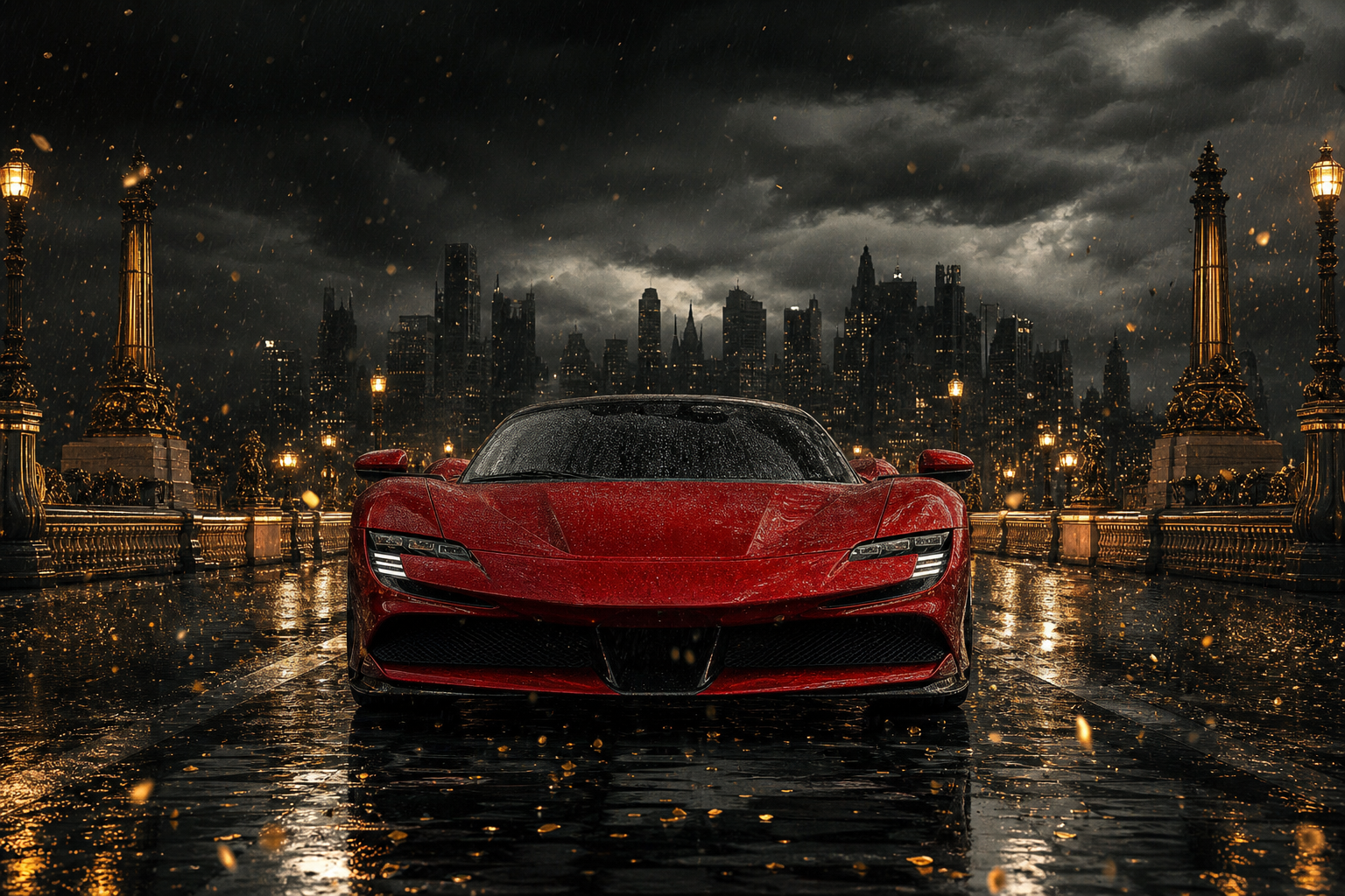 Red Ferrari In Rainy City Cars Wallpaper  2 4K