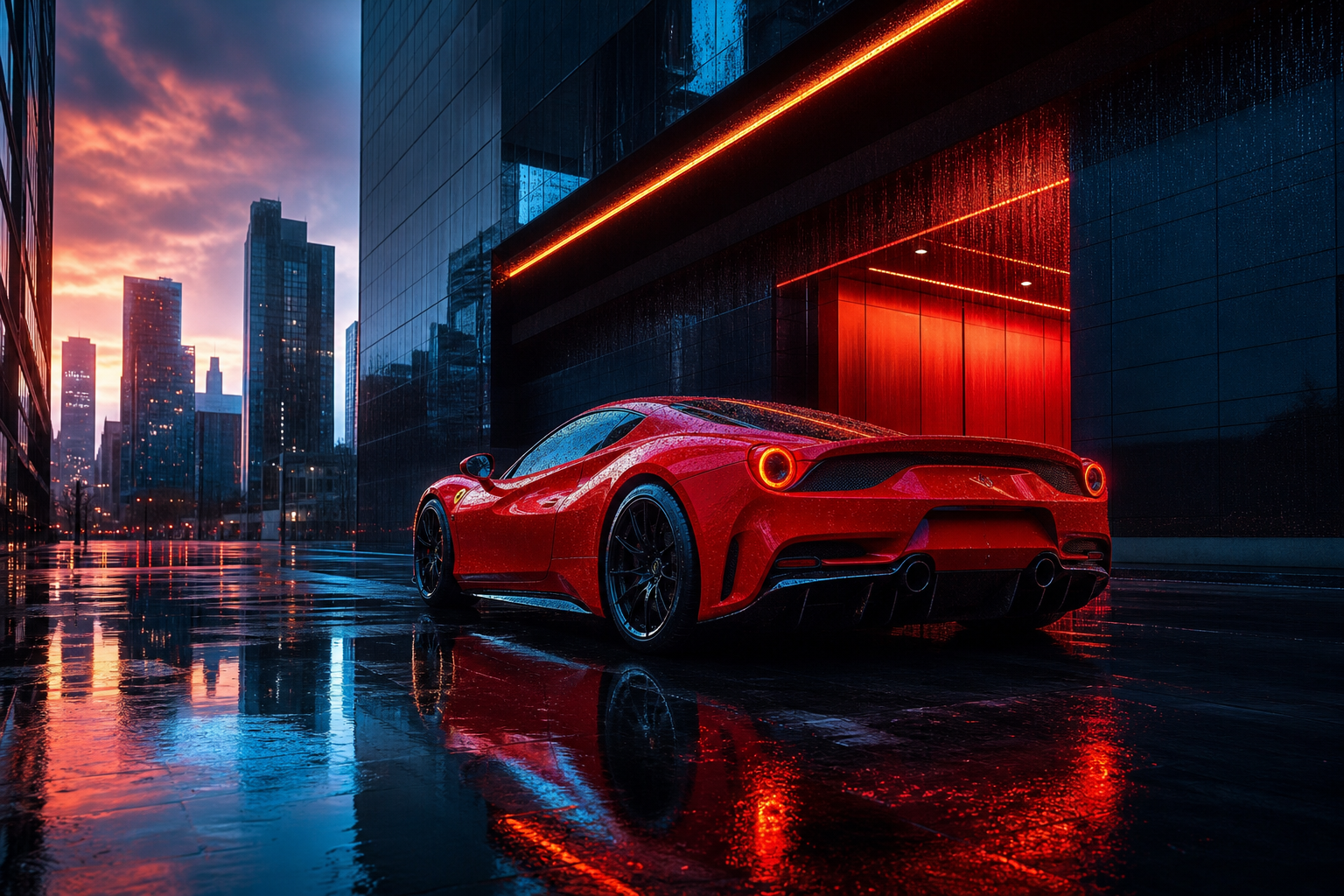 Red Ferrari In Rainy City Cars Wallpaper  2 4K