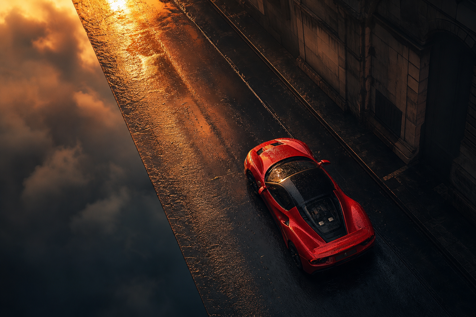 Red Ferrari In Rainy City Cars Wallpaper  2 4K