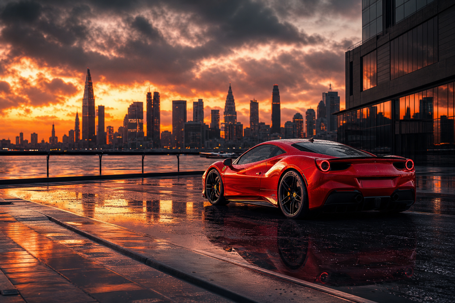 Red Ferrari In Rainy City Cars Wallpaper  2 4K