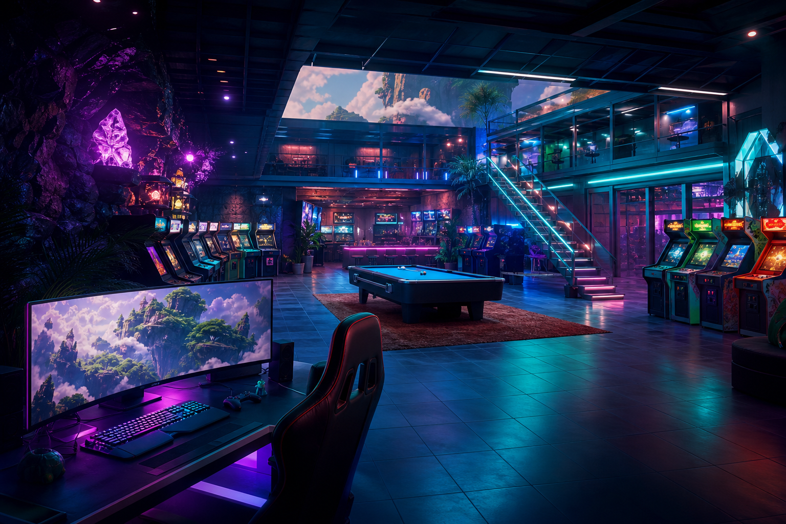 Retro Arcade Room With Neon Machines Gaming Wallpaper  17 4K