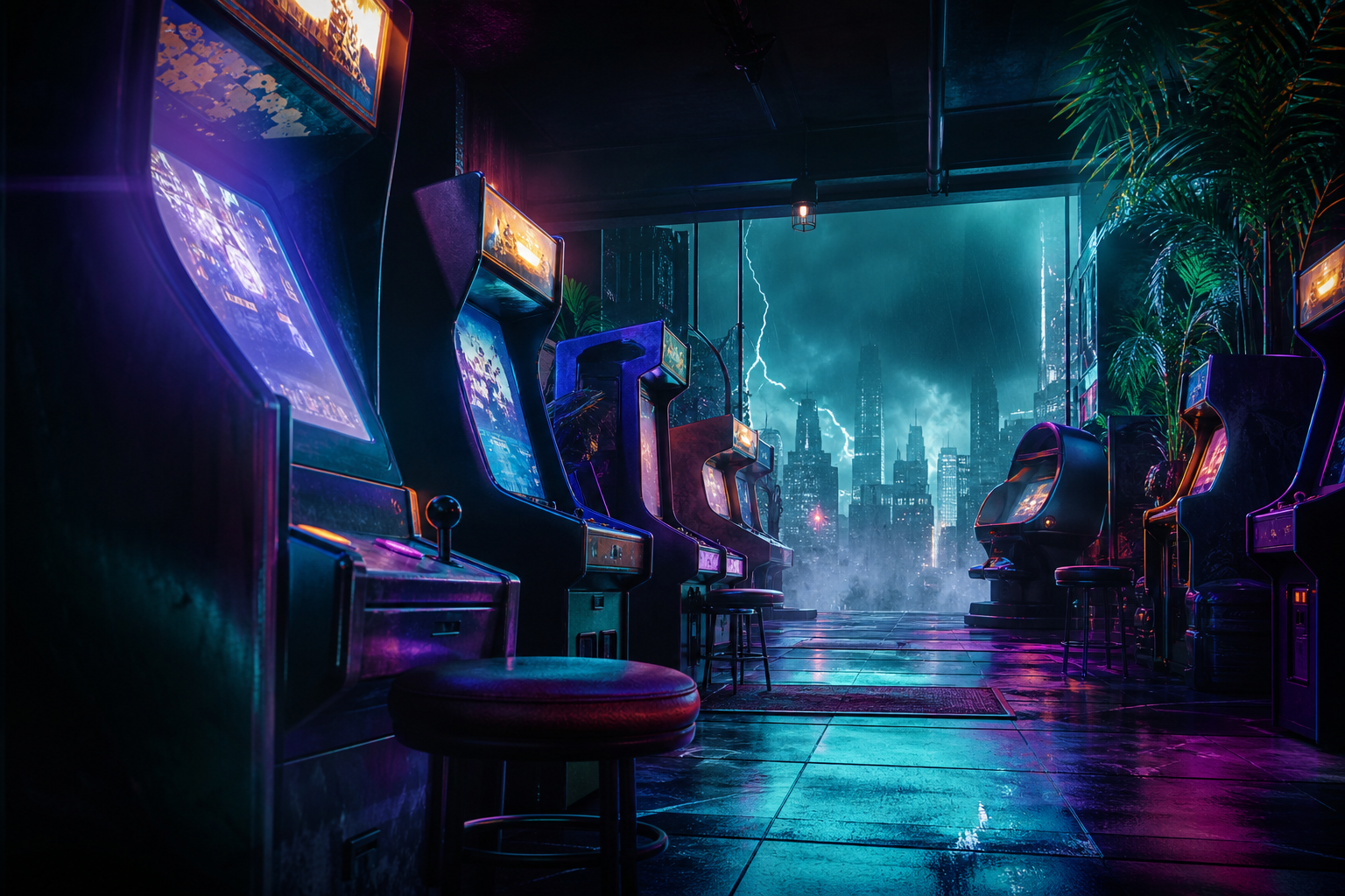 Retro Arcade Room With Neon Machines Gaming Wallpaper  17 4K