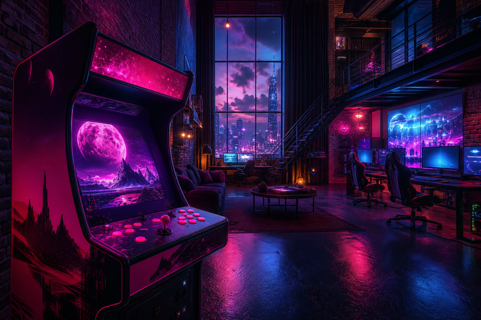 Retro Arcade Room With Neon Machines Gaming Wallpaper  17 4K