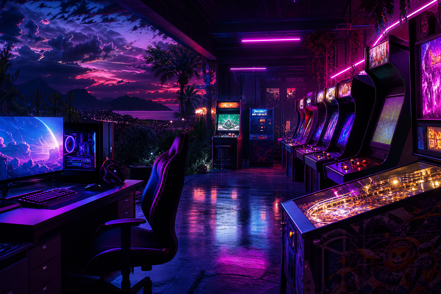 Retro Arcade Room With Neon Machines Gaming Wallpaper  7 4K