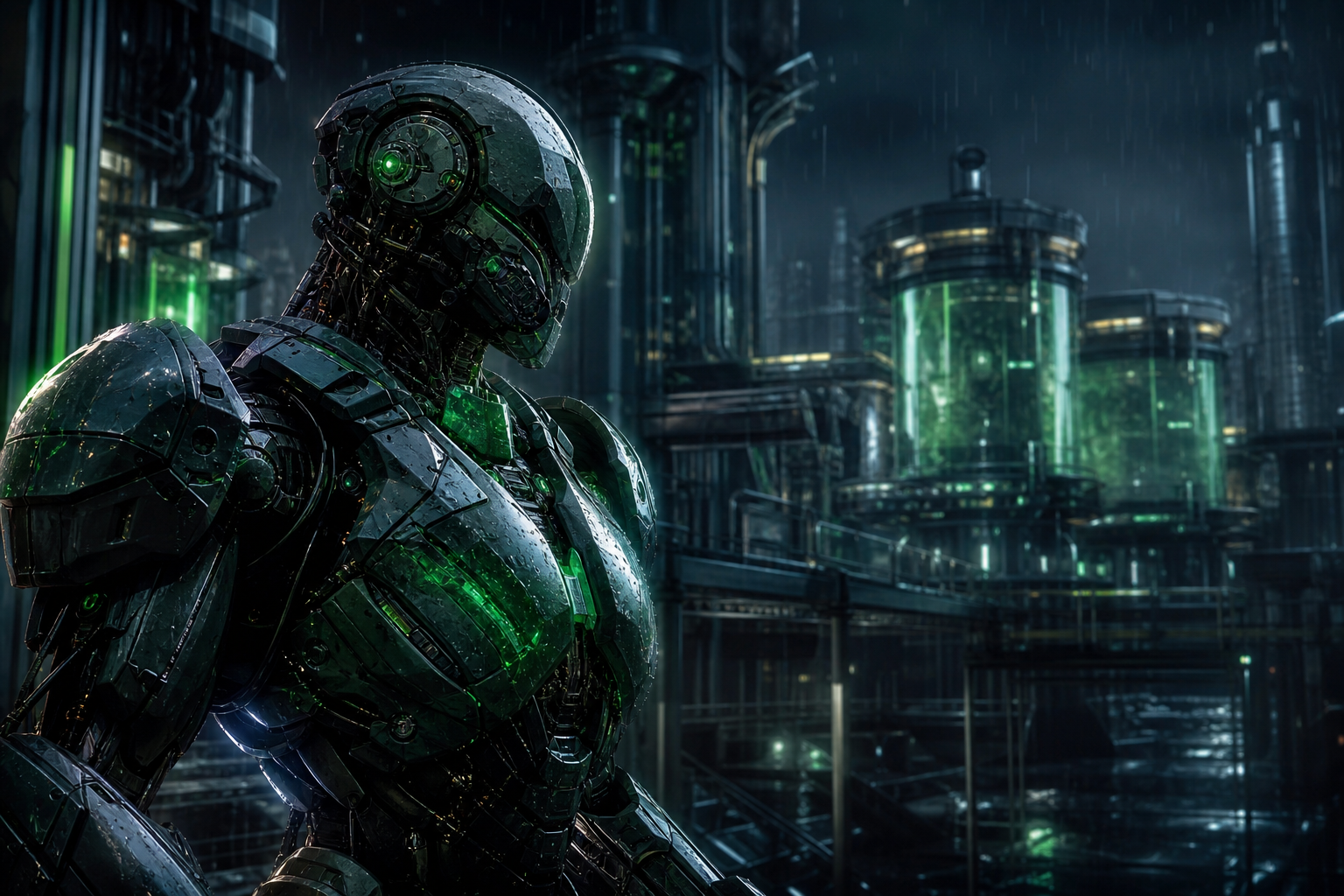 Robot Warrior Standing In Neon Rain Robots Wallpaper  10 4K