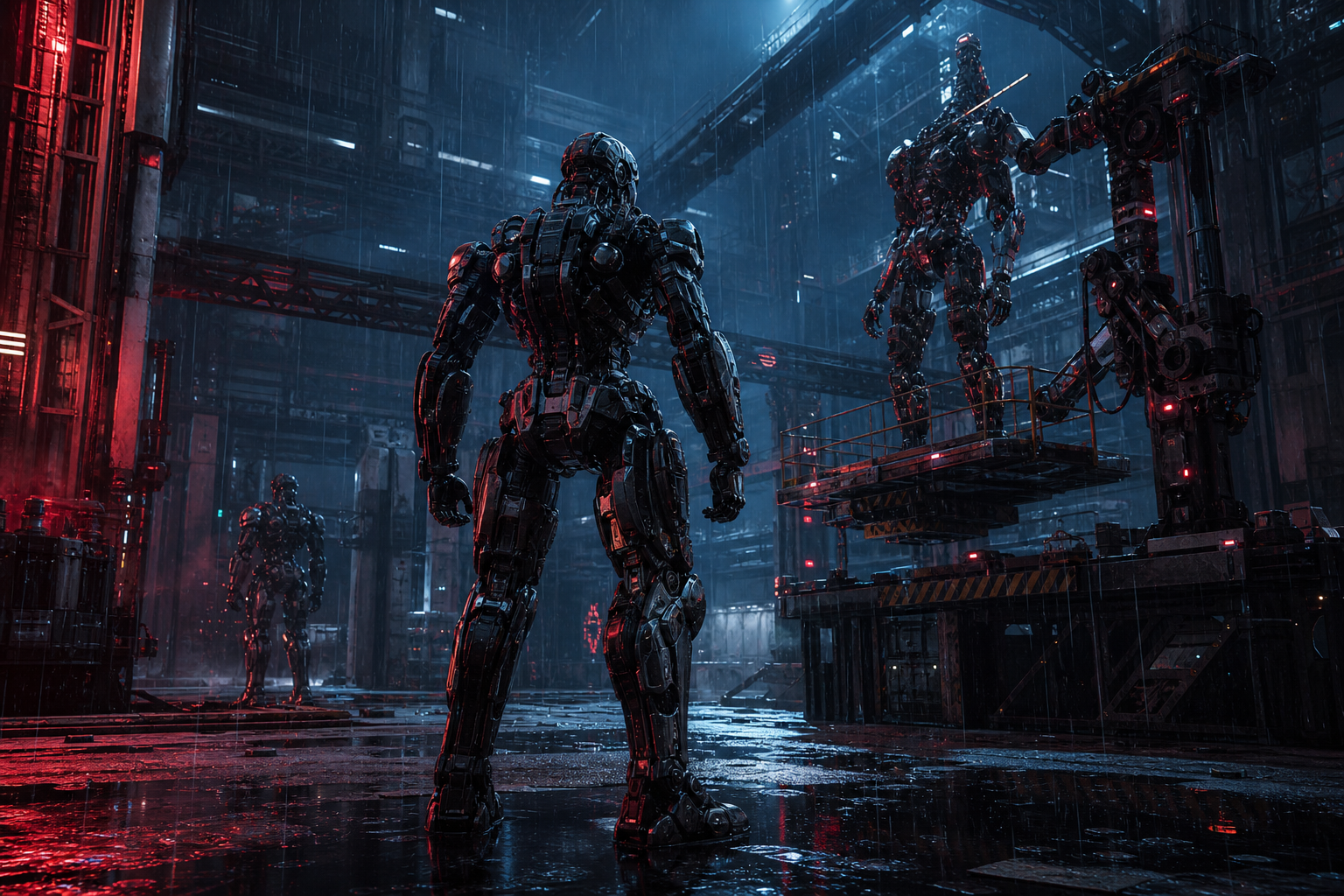 Robot Warrior Standing In Neon Rain Robots Wallpaper  10 4K