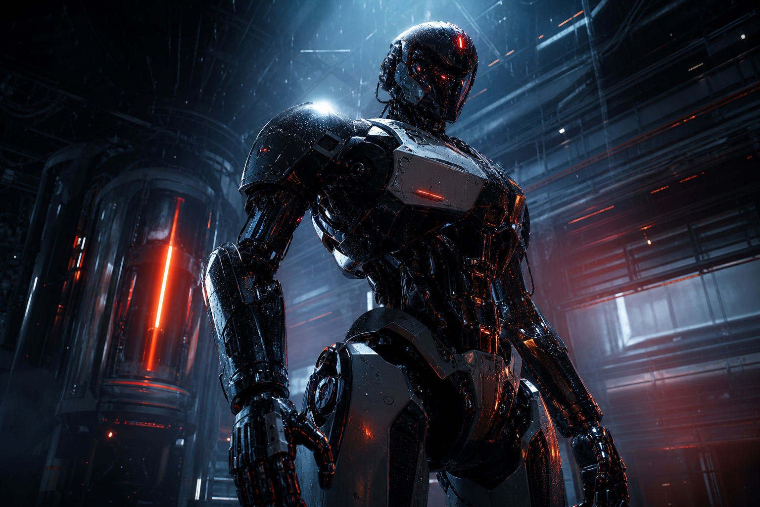 Robot Warrior Standing In Neon Rain Robots Wallpaper  10 4K