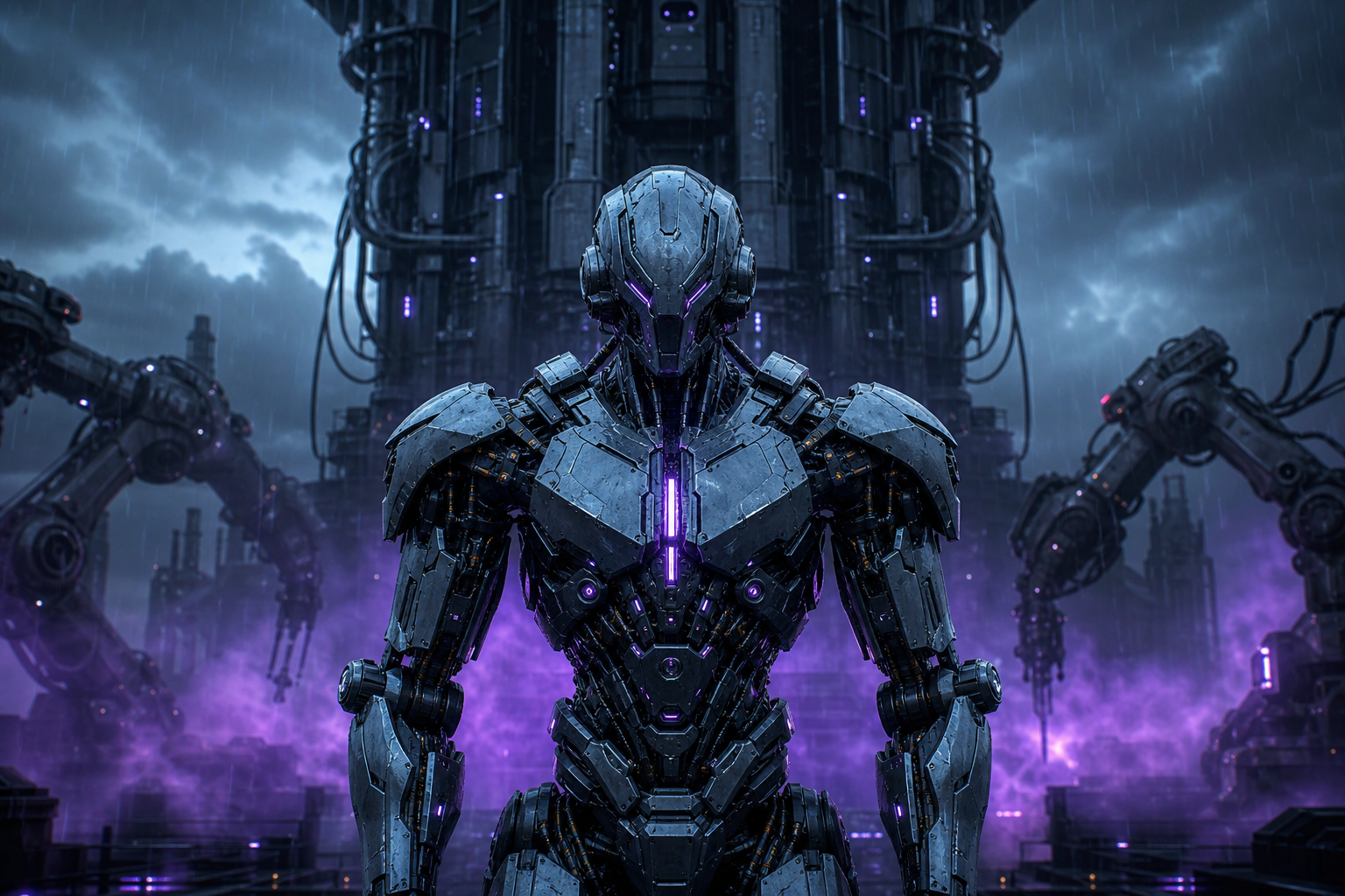 Robot Warrior Standing In Neon Rain Robots Wallpaper  10 4K