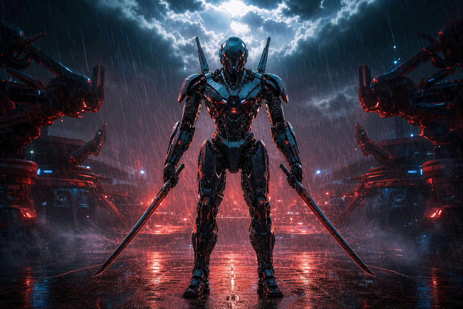 Robot Warrior Standing In Neon Rain Robots Wallpaper  10 4K