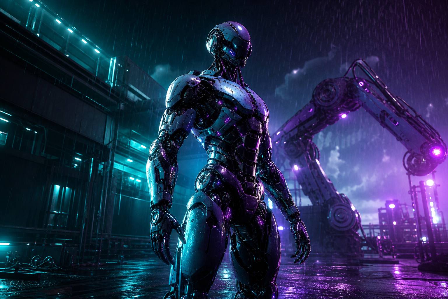 Robot Warrior Standing In Neon Rain Robots Wallpaper  10 4K