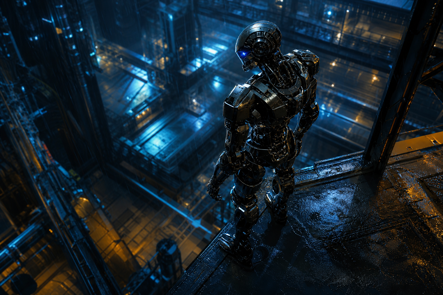 Robot Warrior Standing In Neon Rain Robots Wallpaper  10 4K