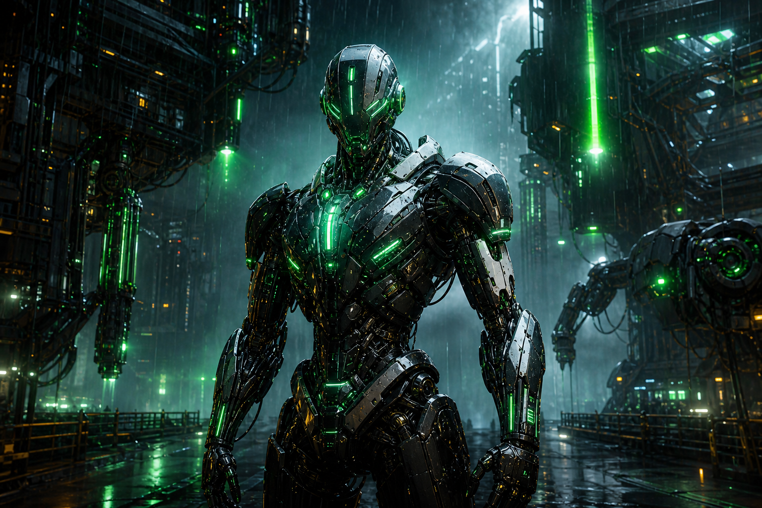 Robot Warrior Standing In Neon Rain Robots Wallpaper  10 4K