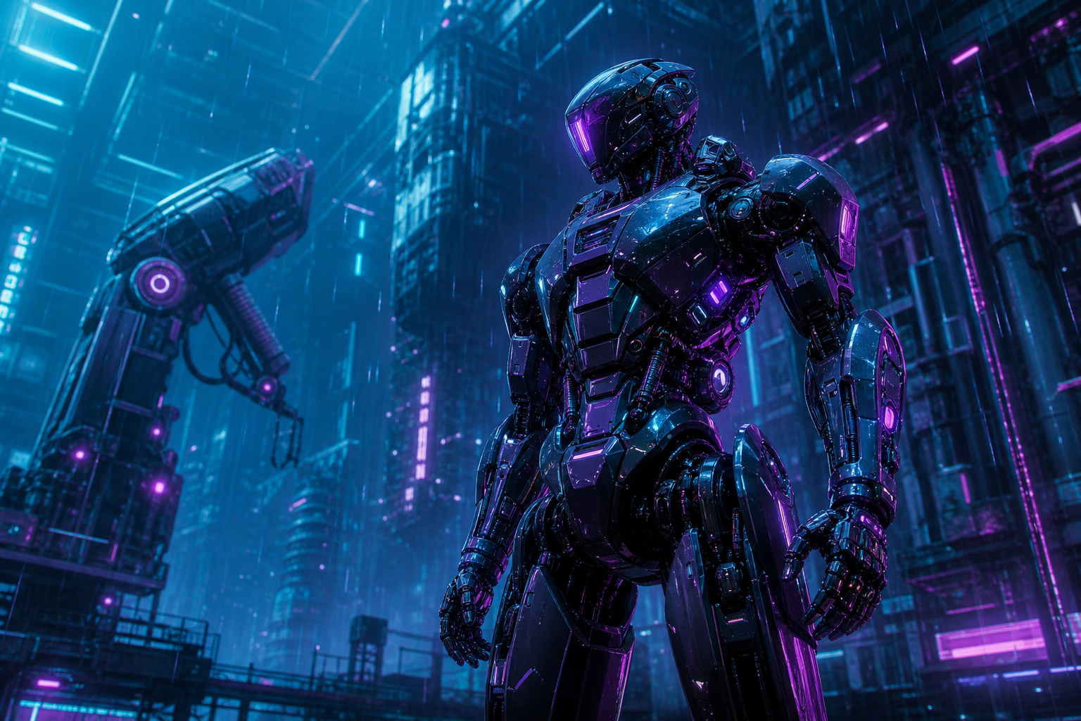 Robot Warrior Standing In Neon Rain Robots Wallpaper  10 4K