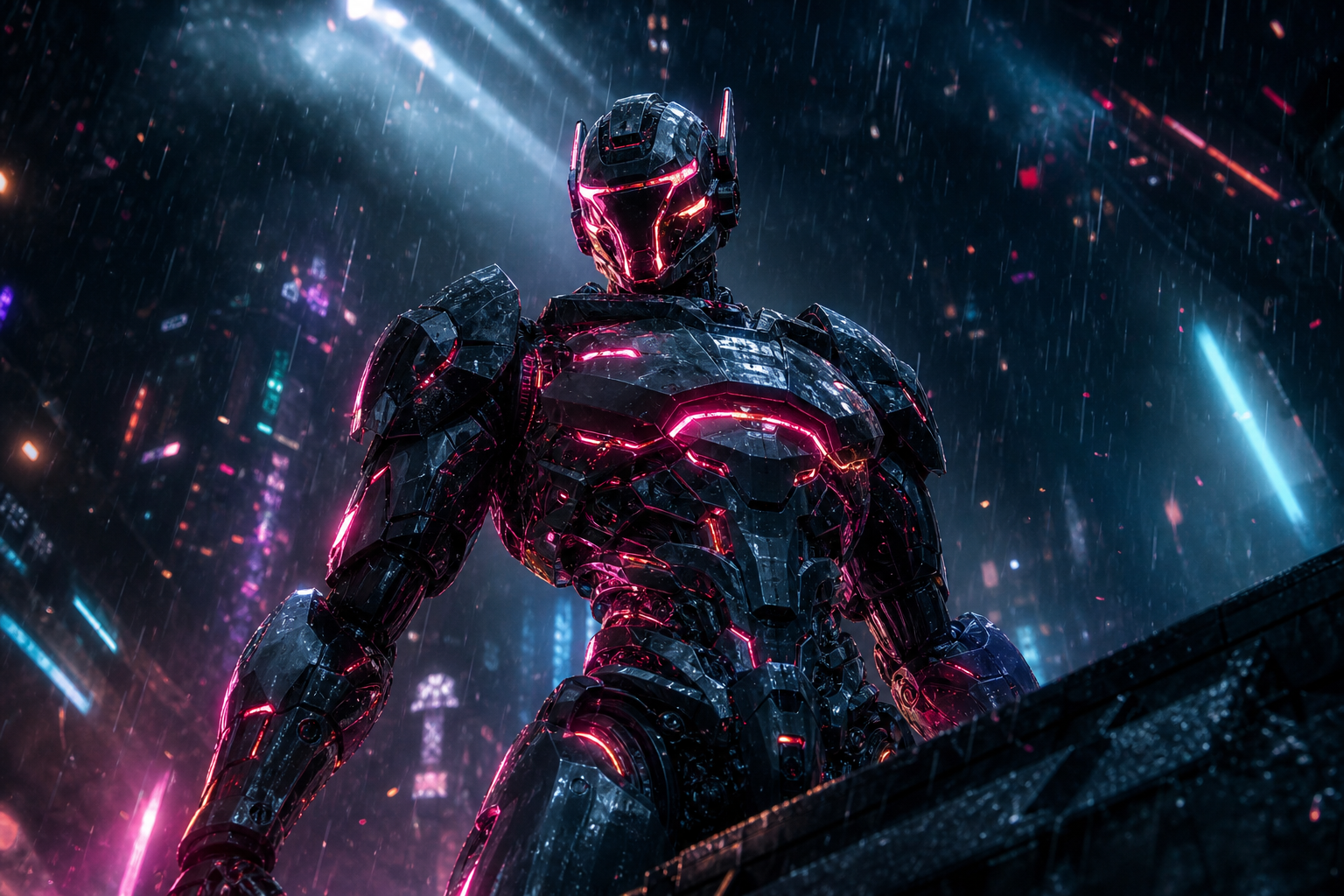 Robot Warrior Standing In Neon Rain Robots Wallpaper  2 4K