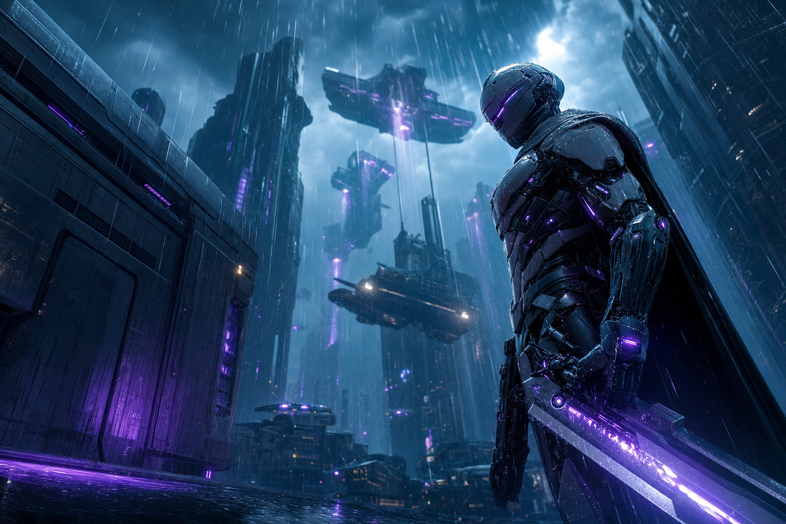 Robot Warrior Standing In Neon Rain Robots Wallpaper  2 4K