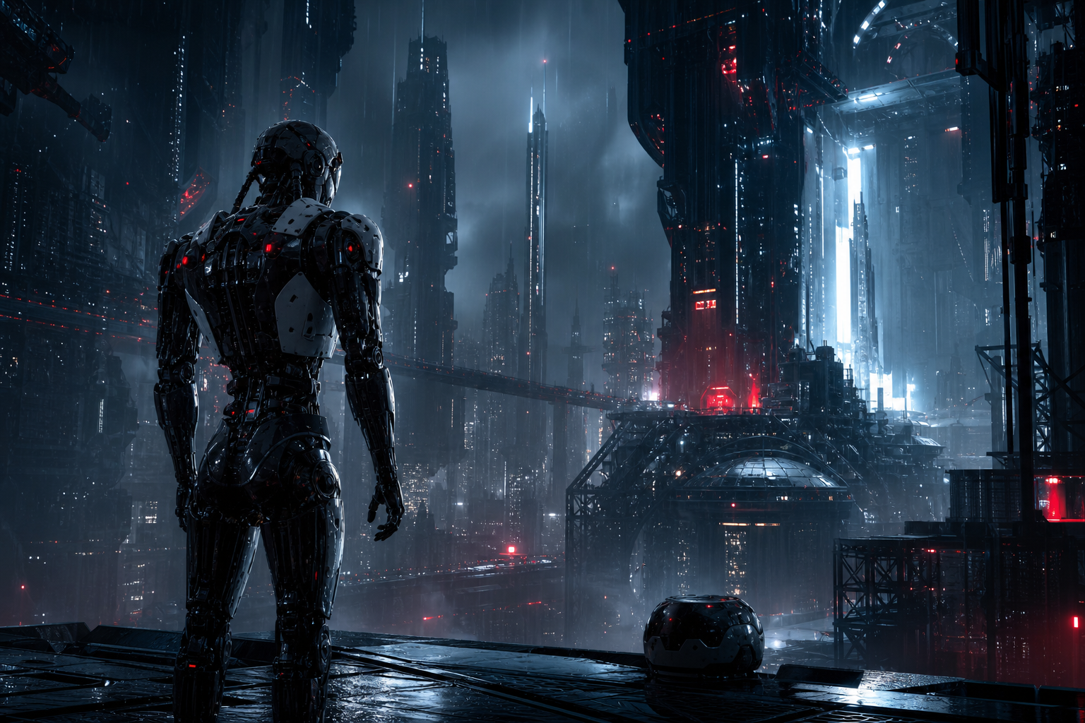 Robot Warrior Standing In Neon Rain Robots Wallpaper  2 4K