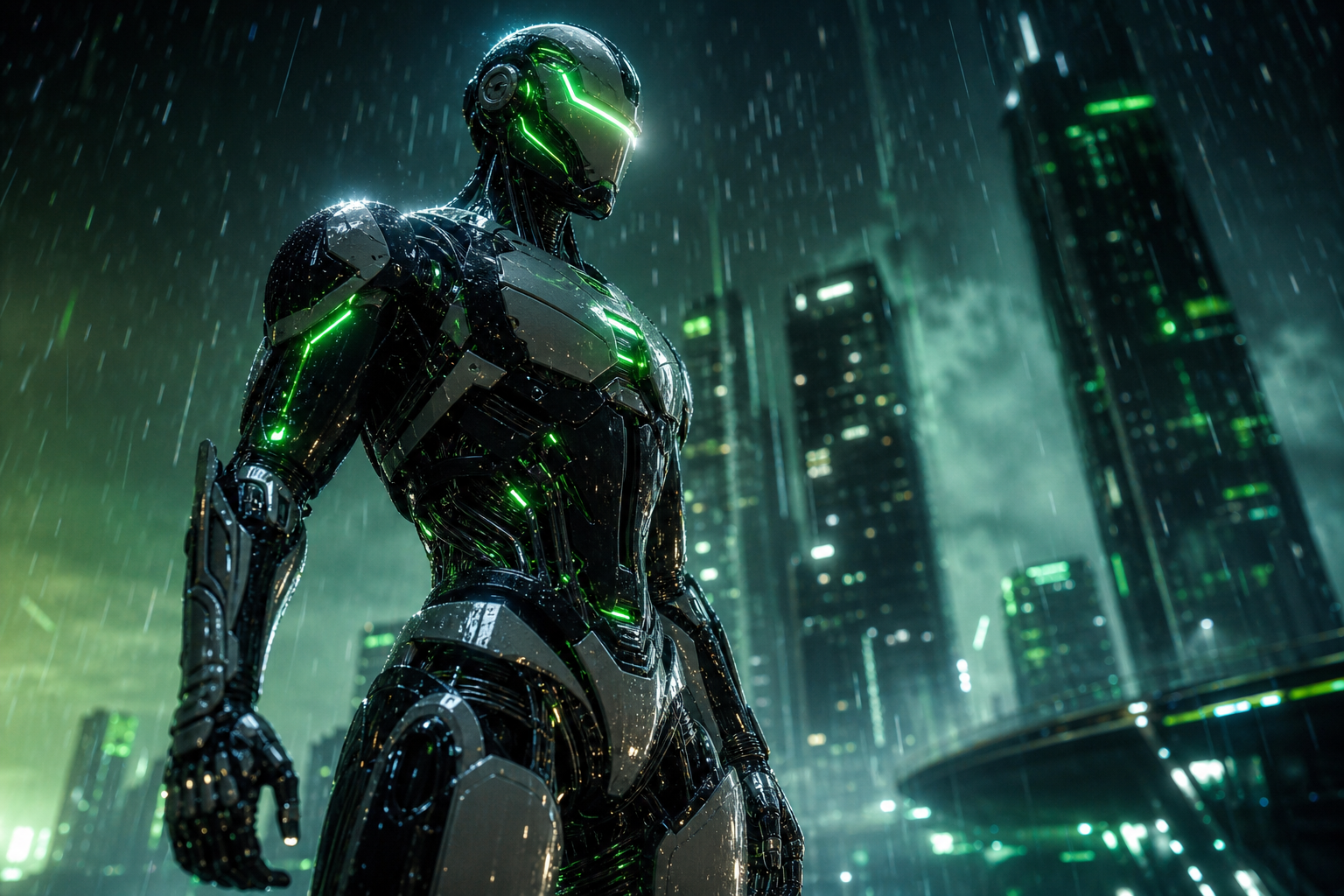 Robot Warrior Standing In Neon Rain Robots Wallpaper  2 4K