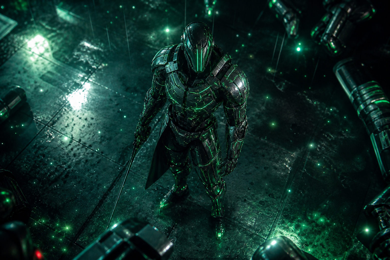 Robot Warrior Standing In Neon Rain Robots Wallpaper  2 4K