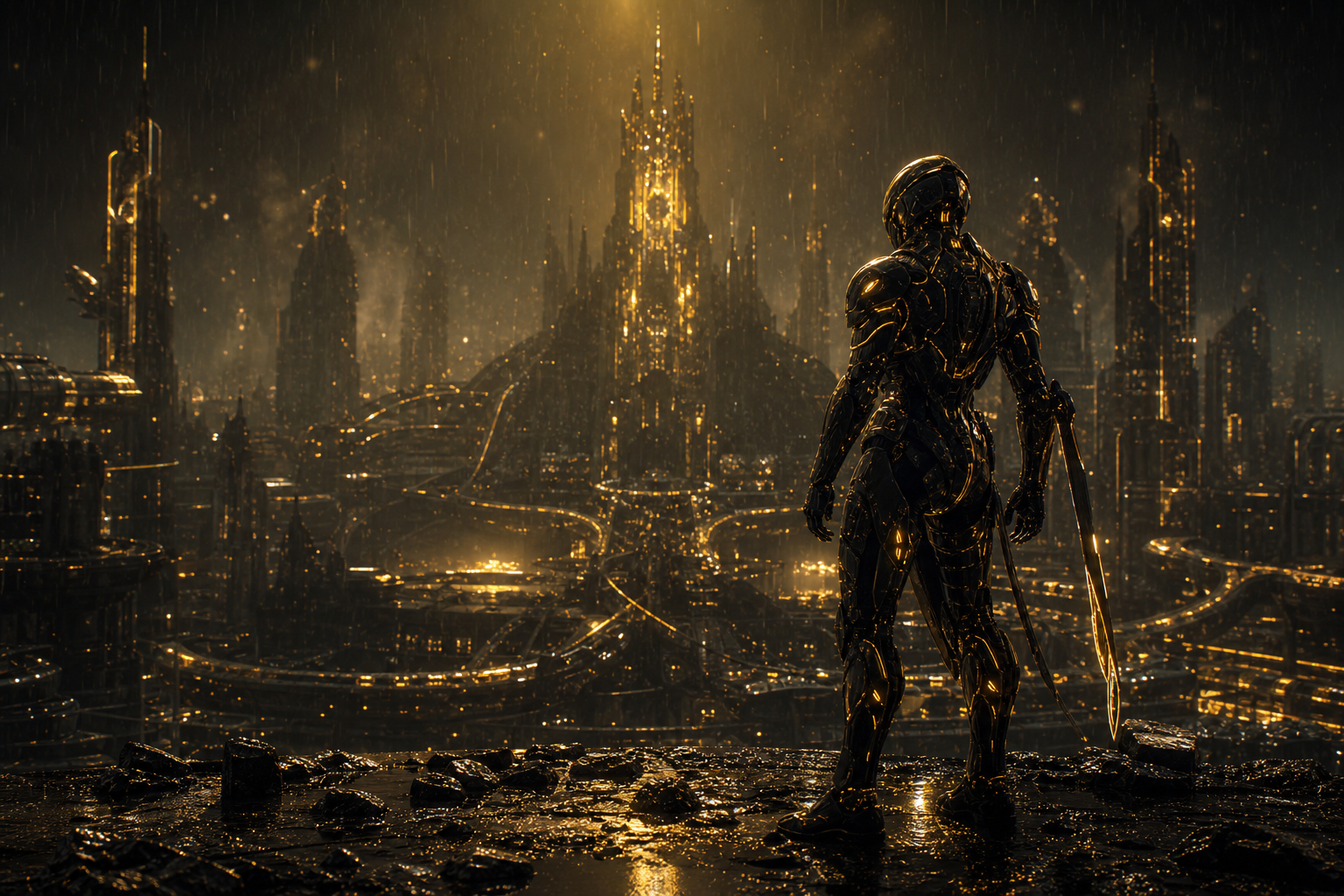 Robot Warrior Standing In Neon Rain Robots Wallpaper  2 4K