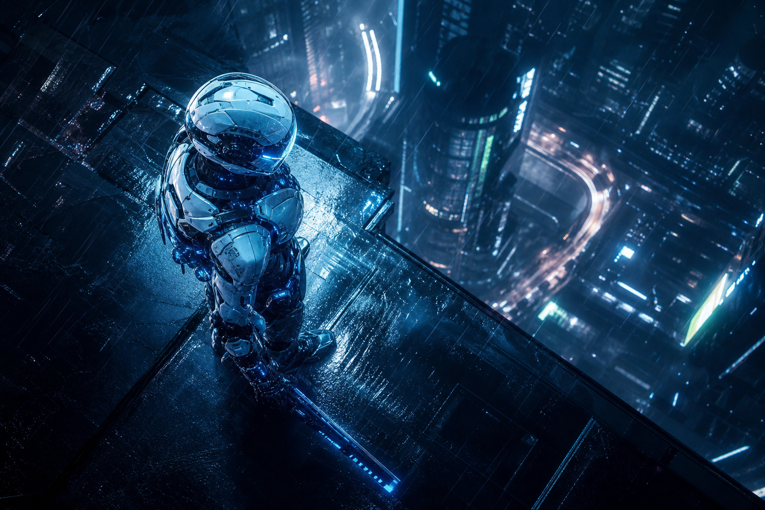 Robot Warrior Standing In Neon Rain Robots Wallpaper  2 4K