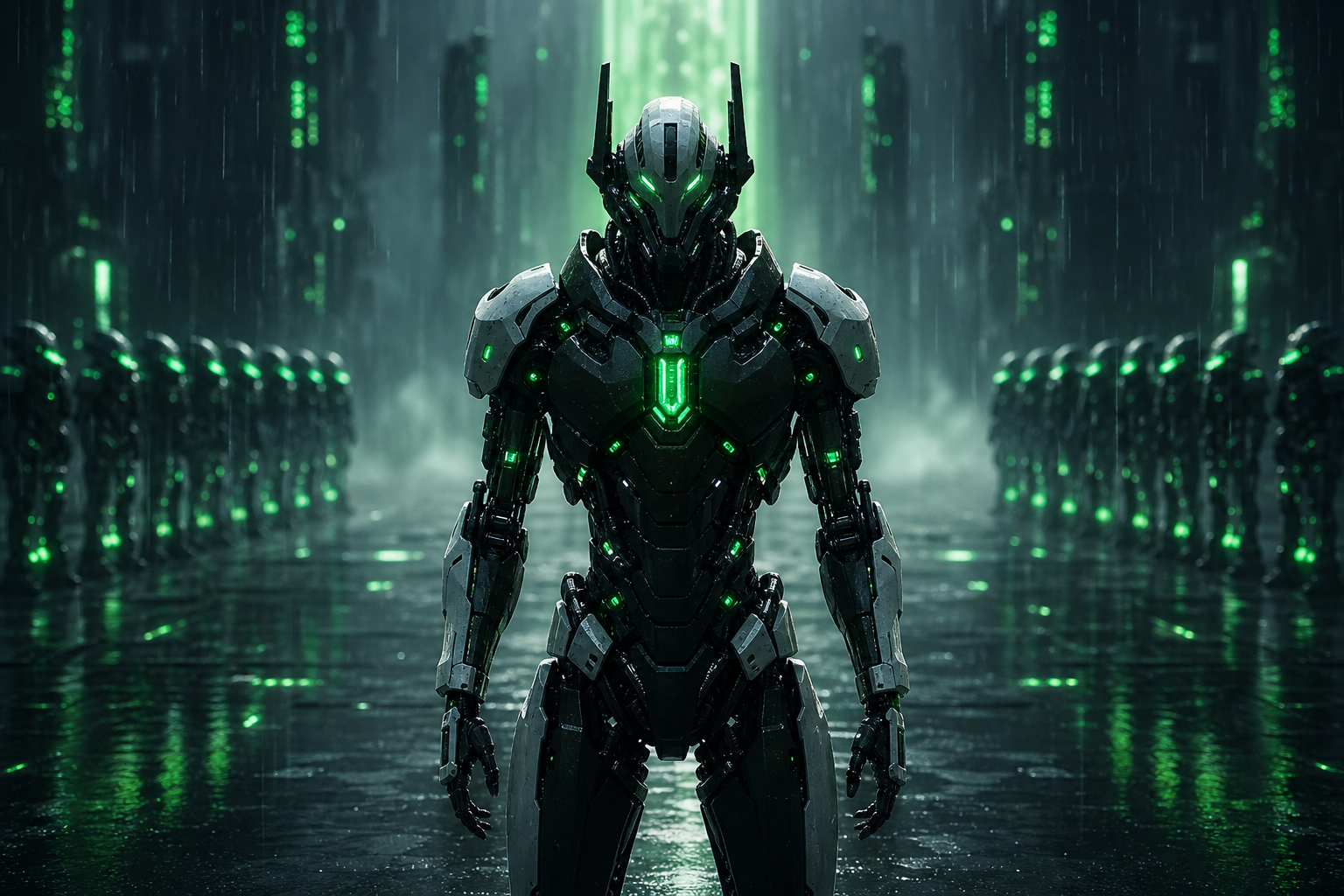 Robot Warrior Standing In Neon Rain Robots Wallpaper  2 4K