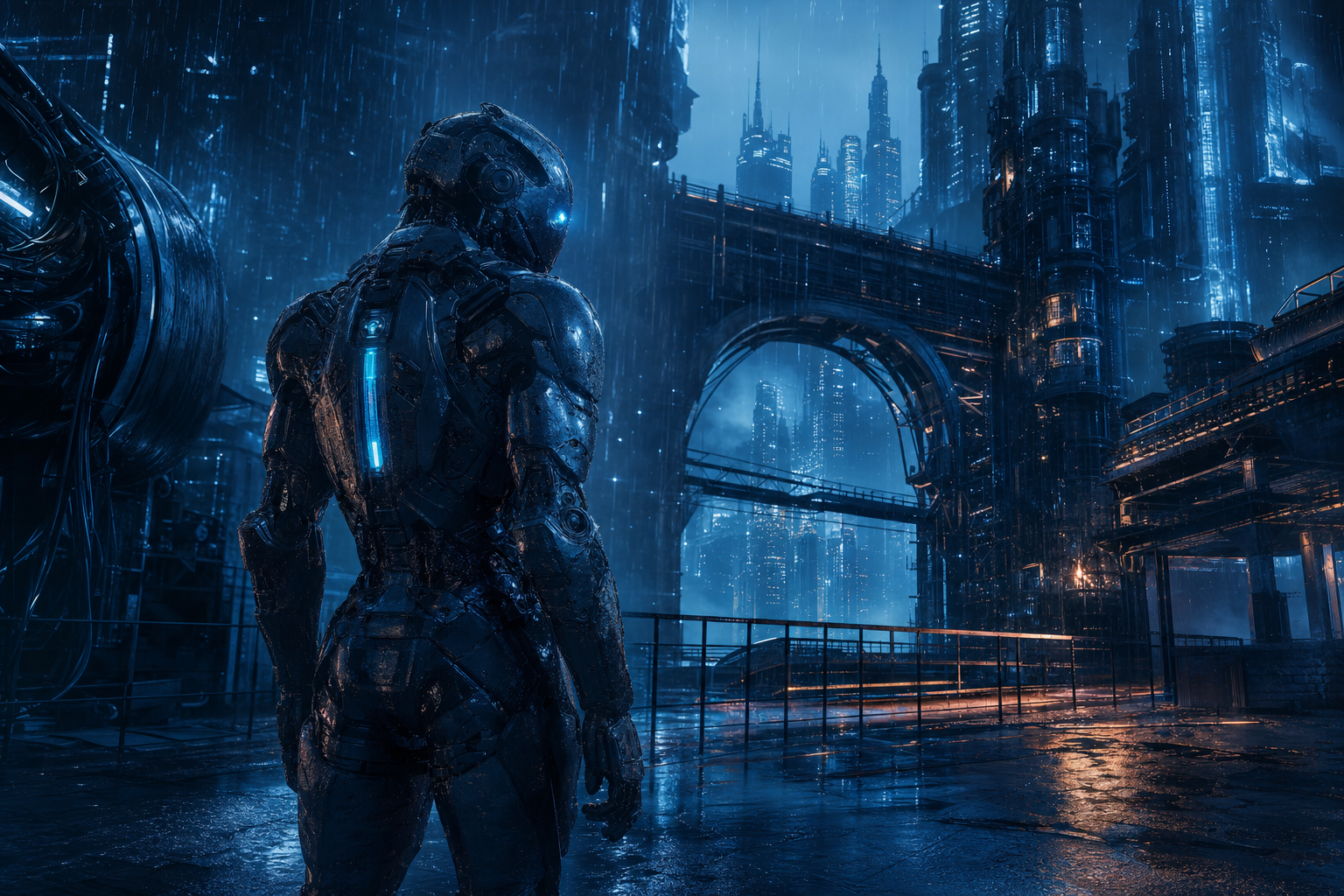 Robot Warrior Standing In Neon Rain Robots Wallpaper  2 4K