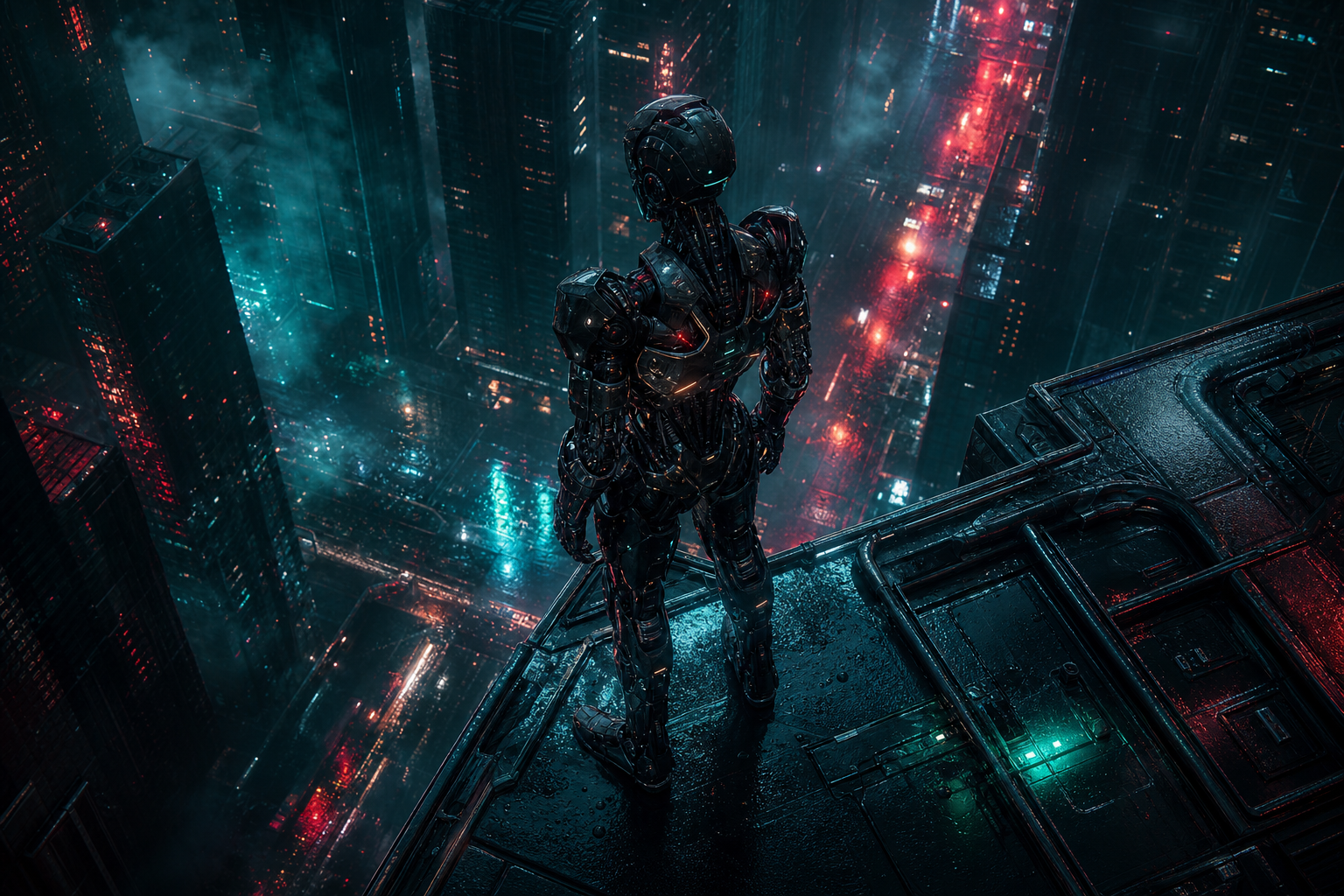 Robot Warrior Standing In Neon Rain Robots Wallpaper  2 4K