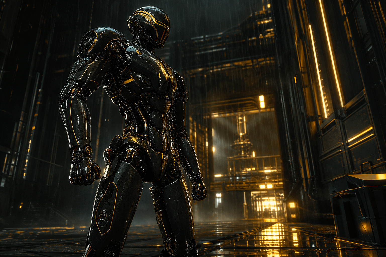 Robot Warrior Standing In Neon Rain Robots Wallpaper  2 4K