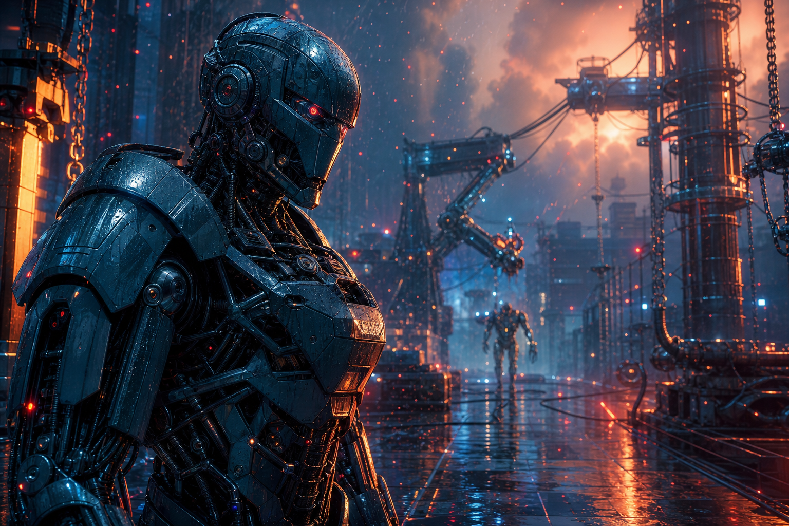 Robot Warrior Standing In Neon Rain Robots Wallpaper  2 4K