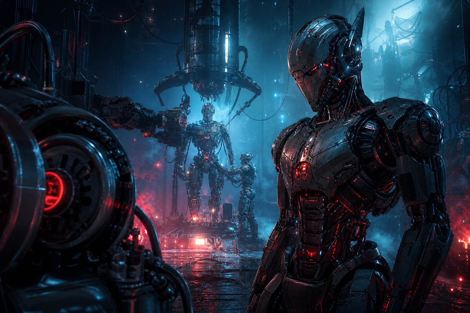 Robot Warrior Standing In Neon Rain Robots Wallpaper  2 4K