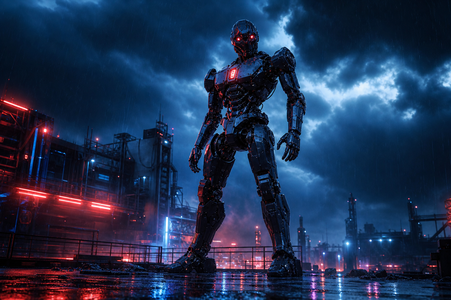Robot Warrior Standing In Neon Rain Robots Wallpaper  2 4K