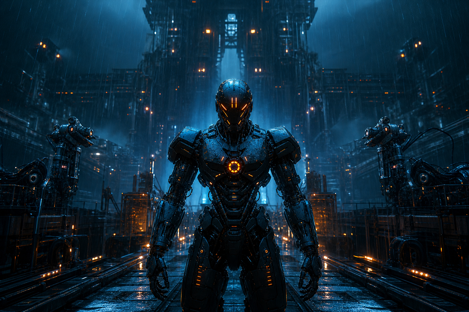 Robot Warrior Standing In Neon Rain Robots Wallpaper  2 4K